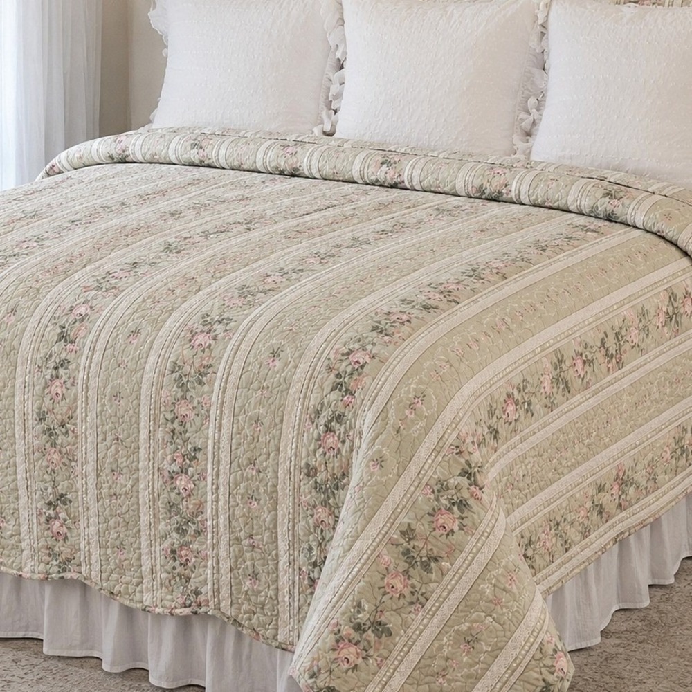 Simply Shabby Chic Floral Quilt Full Queen Pink Rose Crochet Lace Trim Cottage